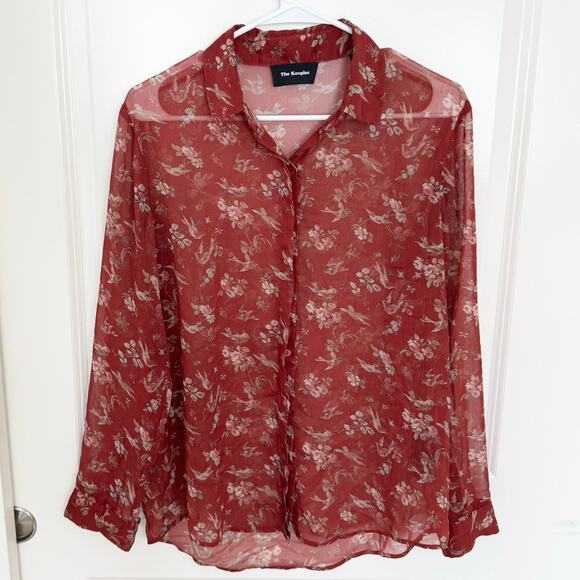 The Kooples Sheer Boho Floral Bird Button Down Blouse Red Medium - Picture 1 of 4